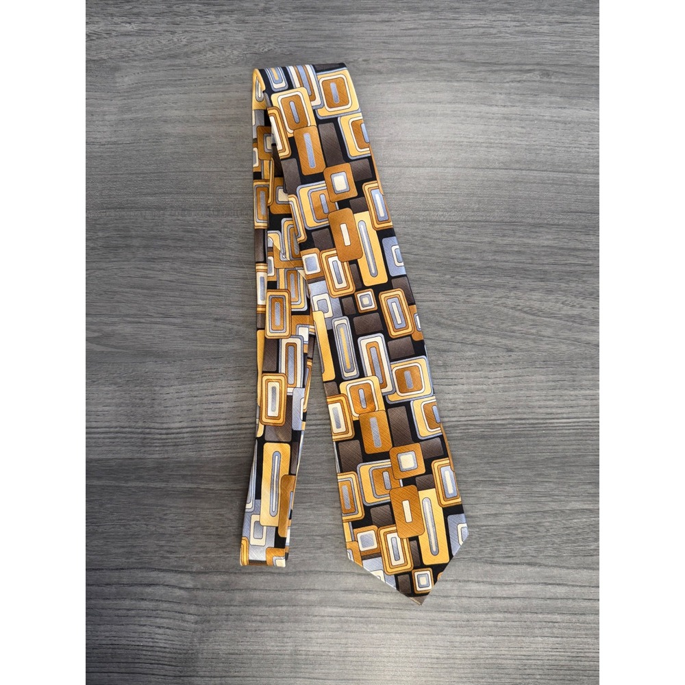 Claiborne 100% Silk Tie Brown Gold Geometric Y2K Mod Retro Necktie